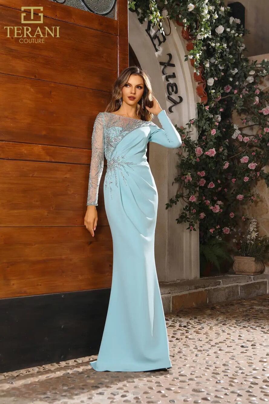 Terani Illusion Bateau Beaded Accent Evening Gown - 6